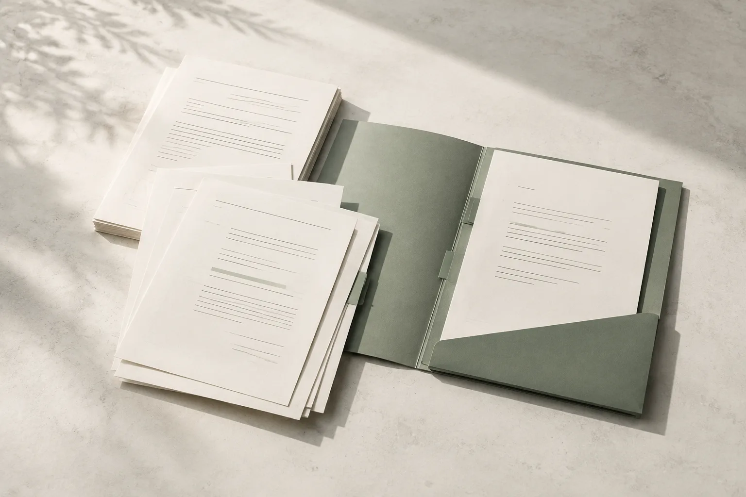 Legal source papers and a reviewed document arranged in a sage matter folder